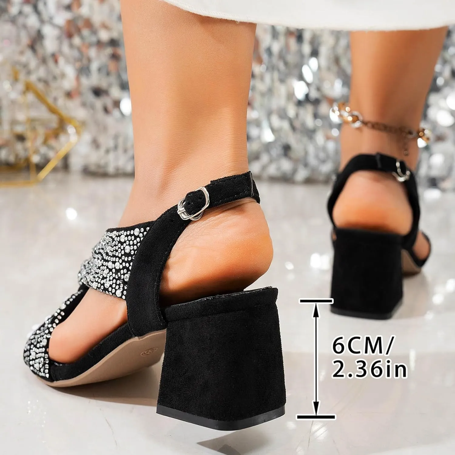 Chunky Heel Platforms for Women Block Heeled Open Toe Rhinestones Ankle Strap Sandals Wedding Party Dress Arch Fit