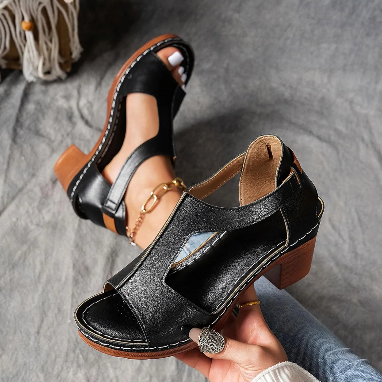 Hbeylia Women's Platform Chunky Heels Sandals Open Toe Cutout T-Strap Slip On Sandals Block Heeled Comfortable Fashion Wedding Party Dress Sandals Elastic Ankle Strap Office Casual Summer Shoes