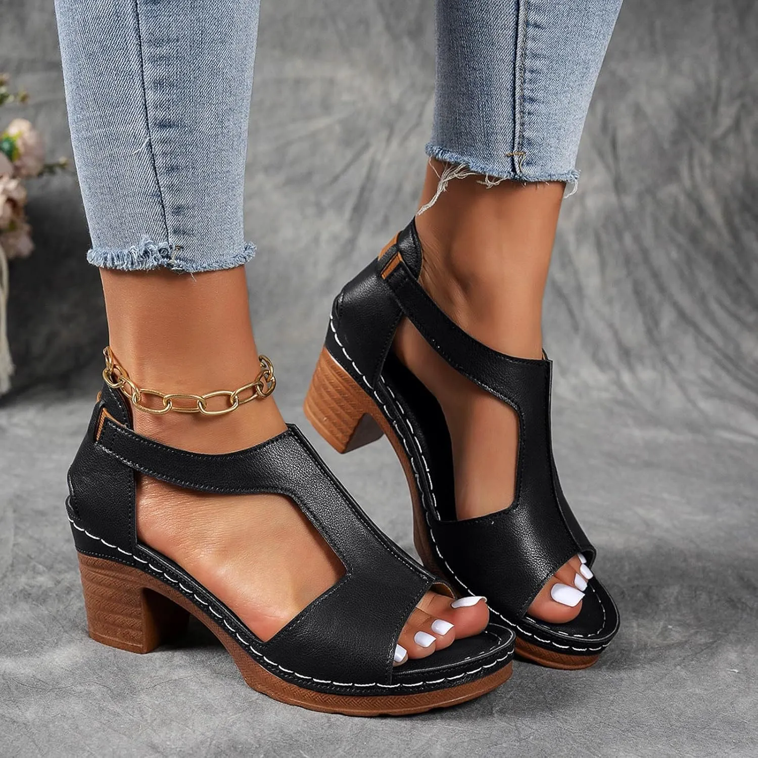 Hbeylia Women's Platform Chunky Heels Sandals Open Toe Cutout T-Strap Slip On Sandals Block Heeled Comfortable Fashion Wedding Party Dress Sandals Elastic Ankle Strap Office Casual Summer Shoes