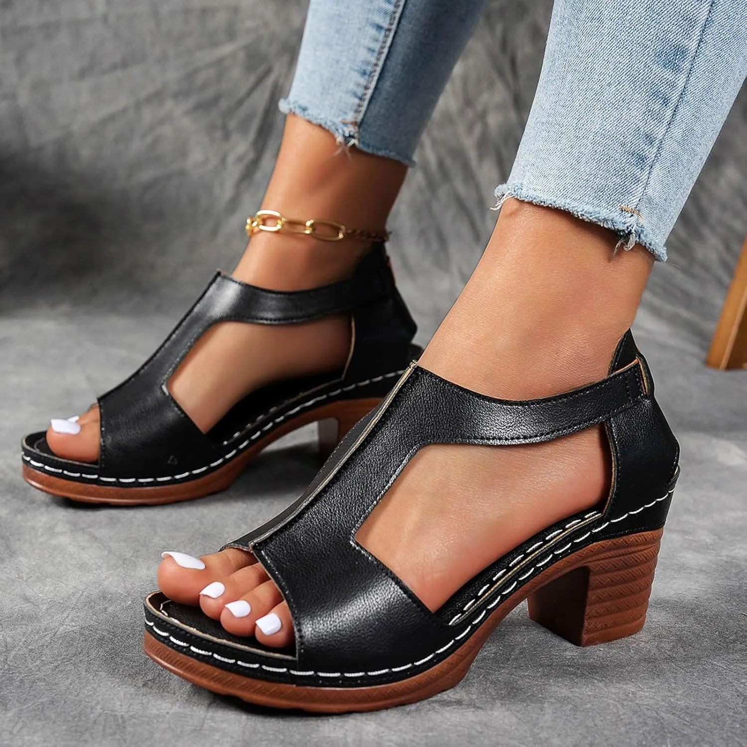 Hbeylia Women's Platform Chunky Heels Sandals Open Toe Cutout T-Strap Slip On Sandals Block Heeled Comfortable Fashion Wedding Party Dress Sandals Elastic Ankle Strap Office Casual Summer Shoes