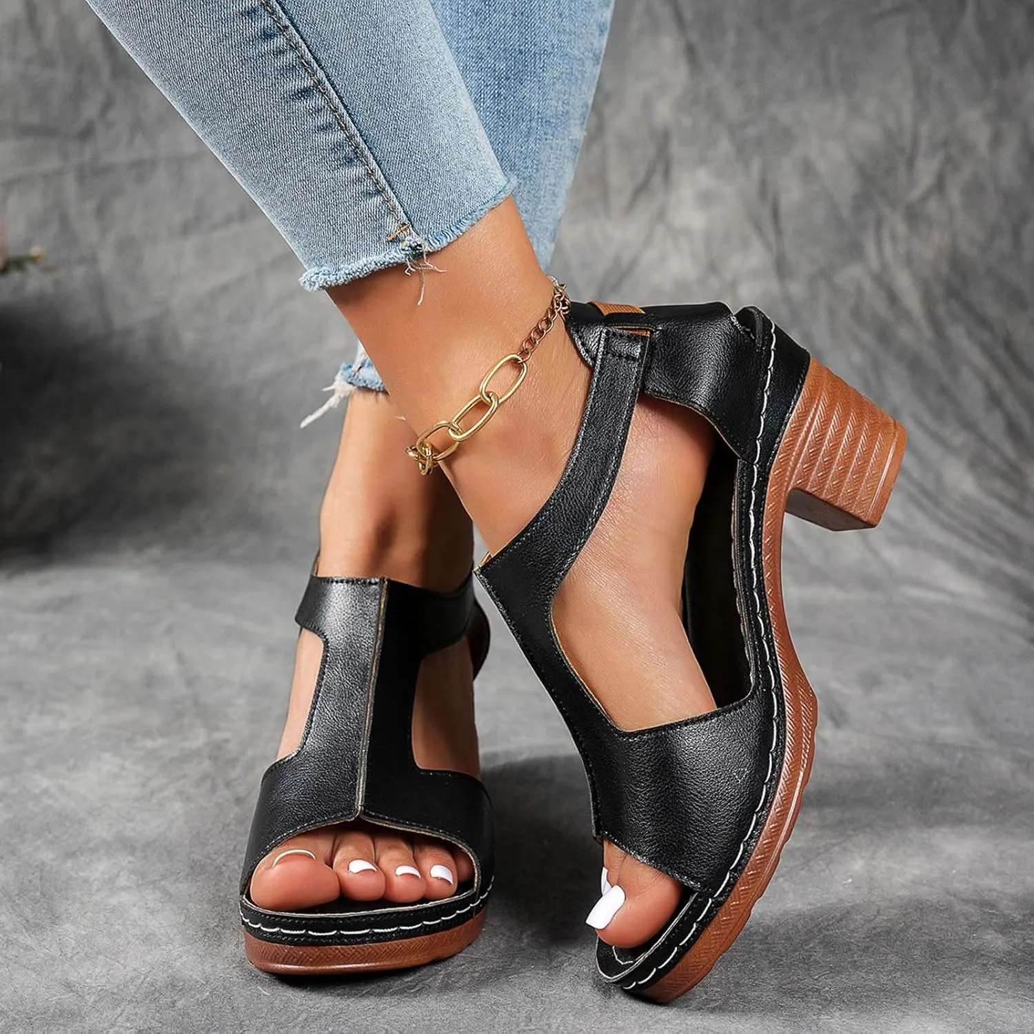 Hbeylia Women's Platform Chunky Heels Sandals Open Toe Cutout T-Strap Slip On Sandals Block Heeled Comfortable Fashion Wedding Party Dress Sandals Elastic Ankle Strap Office Casual Summer Shoes