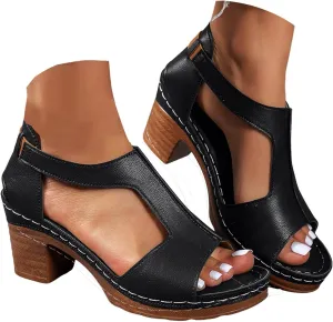 Hbeylia Women's Platform Chunky Heels Sandals Open Toe Cutout T-Strap Slip On Sandals Block Heeled Comfortable Fashion Wedding Party Dress Sandals Elastic Ankle Strap Office Casual Summer Shoes