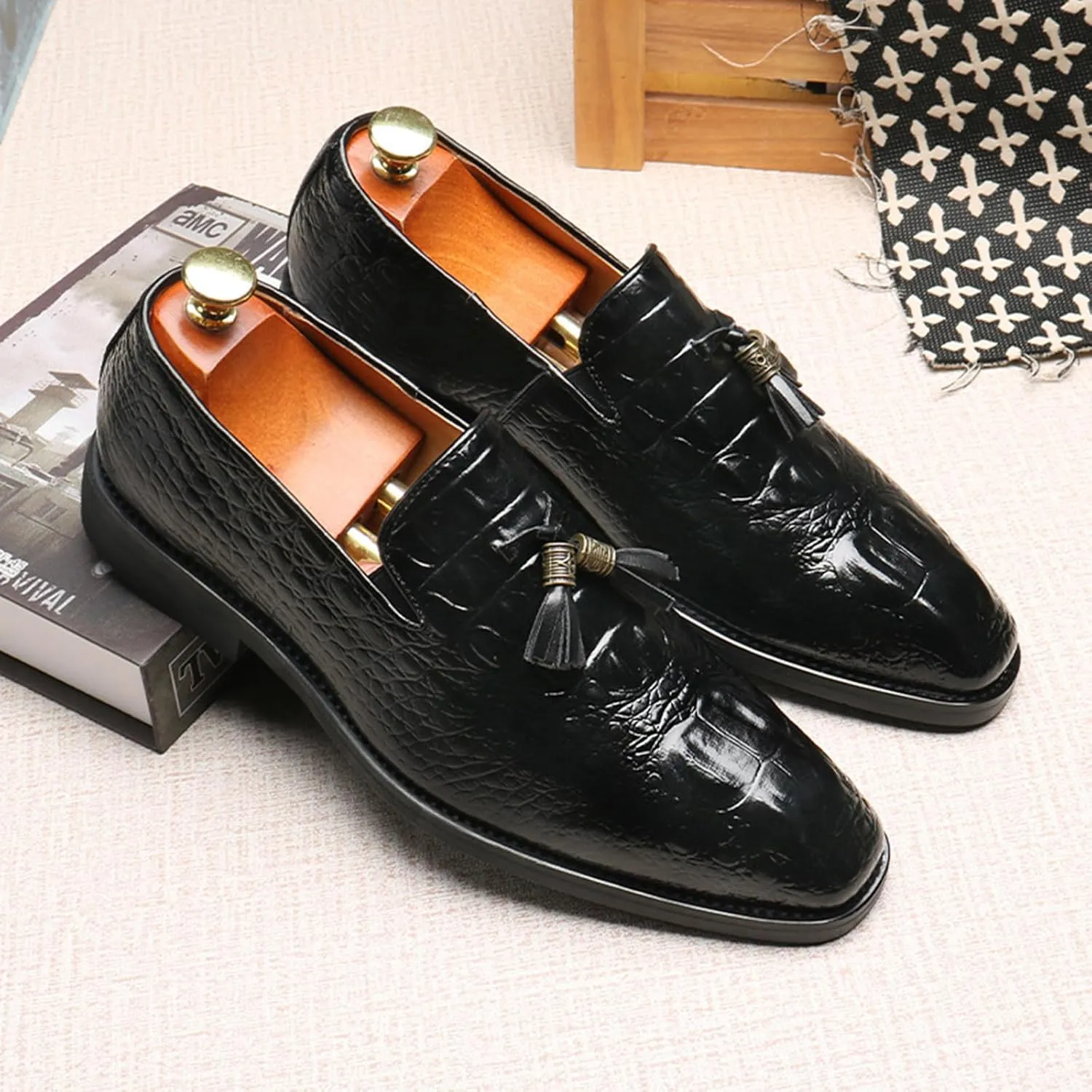 Mens PU Leather Shoes Casual Dress Loafers for Men Tassel Slip-On Shoes Elegant & Comfortable Formal Wear