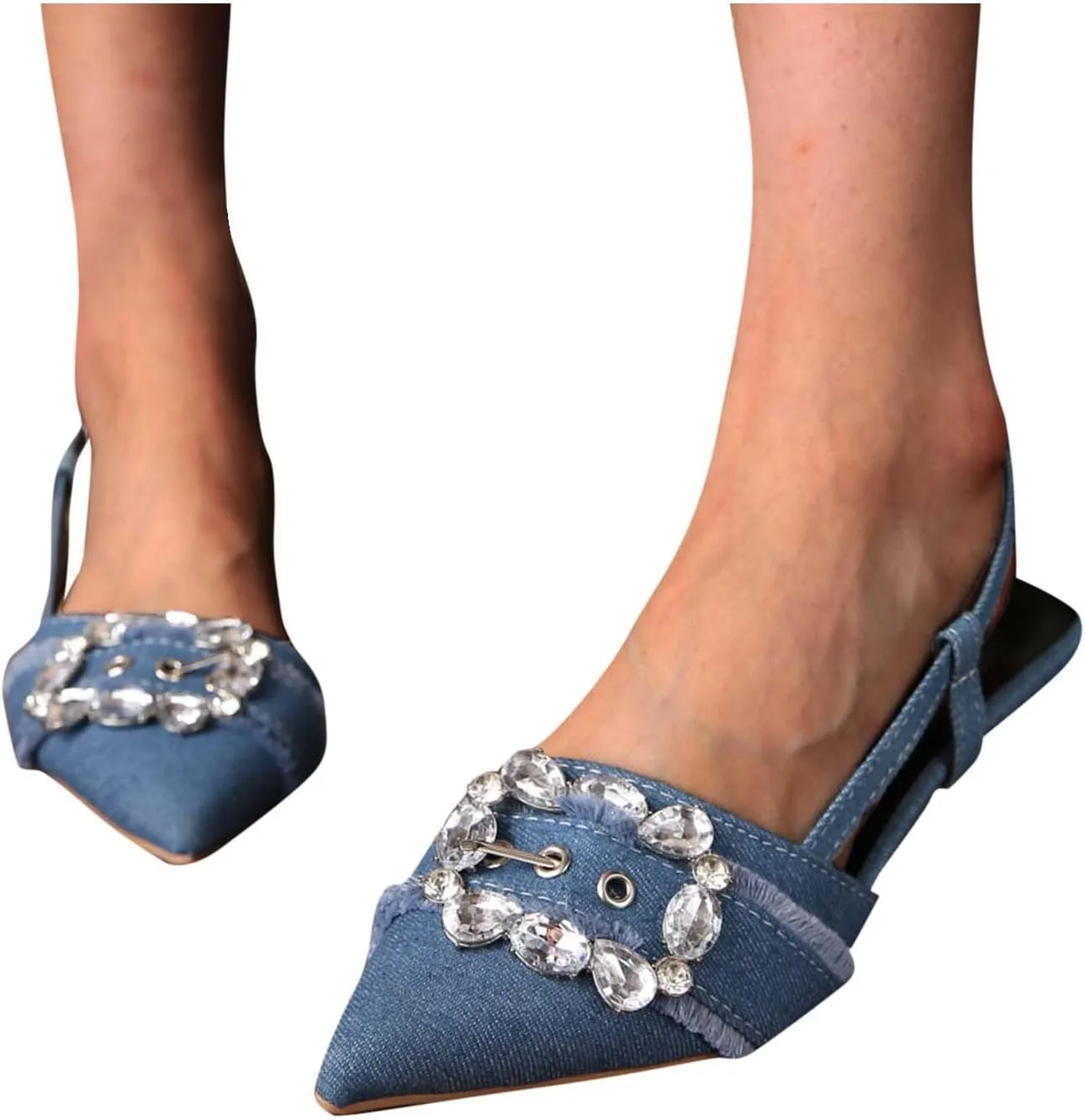 Women Heeled Slingback Sandals Closed Pointed Toe Low Heels Slip On Rhinestones Buckle Strap Party Evening Dress Shoes