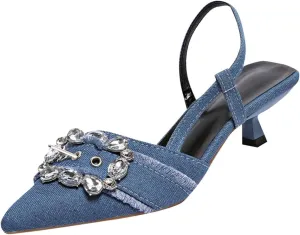 Women Heeled Slingback Sandals Closed Pointed Toe Low Heels Slip On Rhinestones Buckle Strap Party Evening Dress Shoes