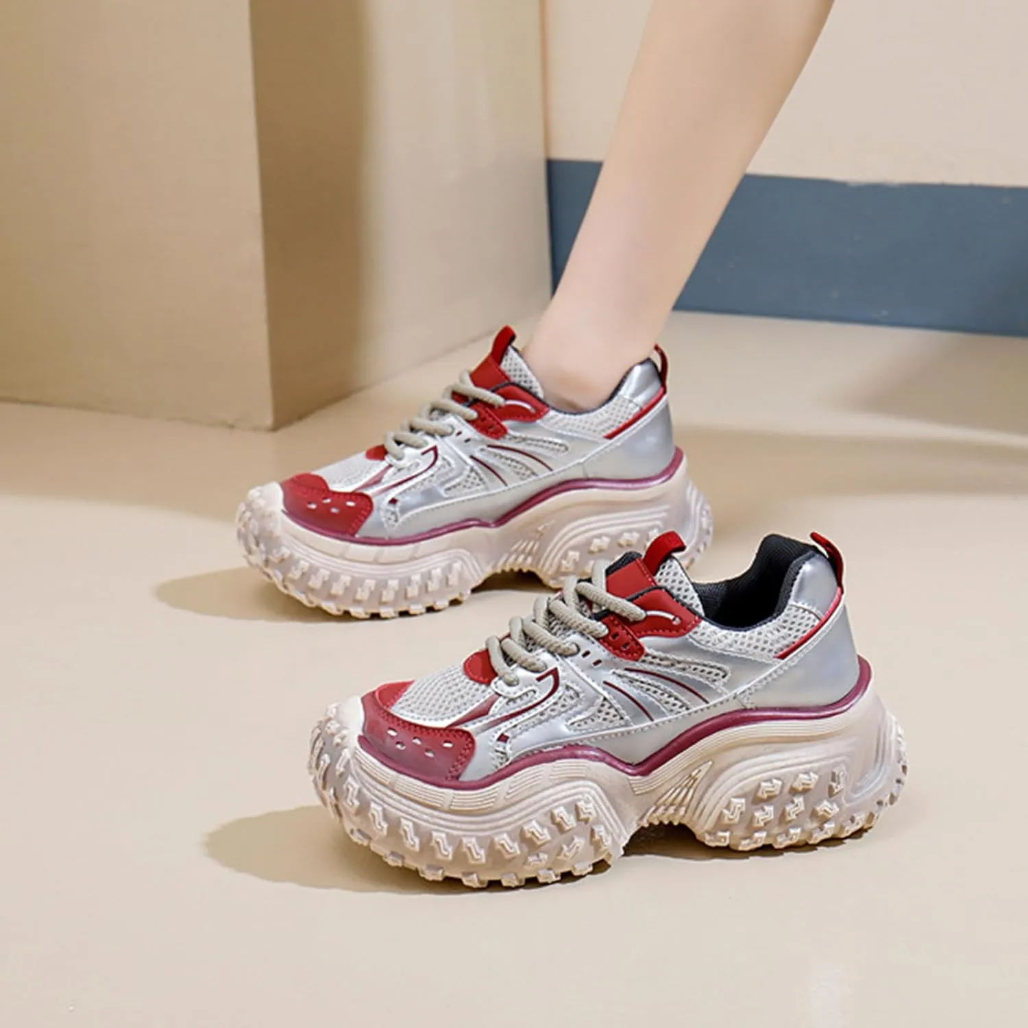 Women's Fashion Platform Trainers: Dad Sneakers with Height Increase, Lace-up, and Breathable Design. Autumn Casual Sneakers Gaining Popularity,Red-36