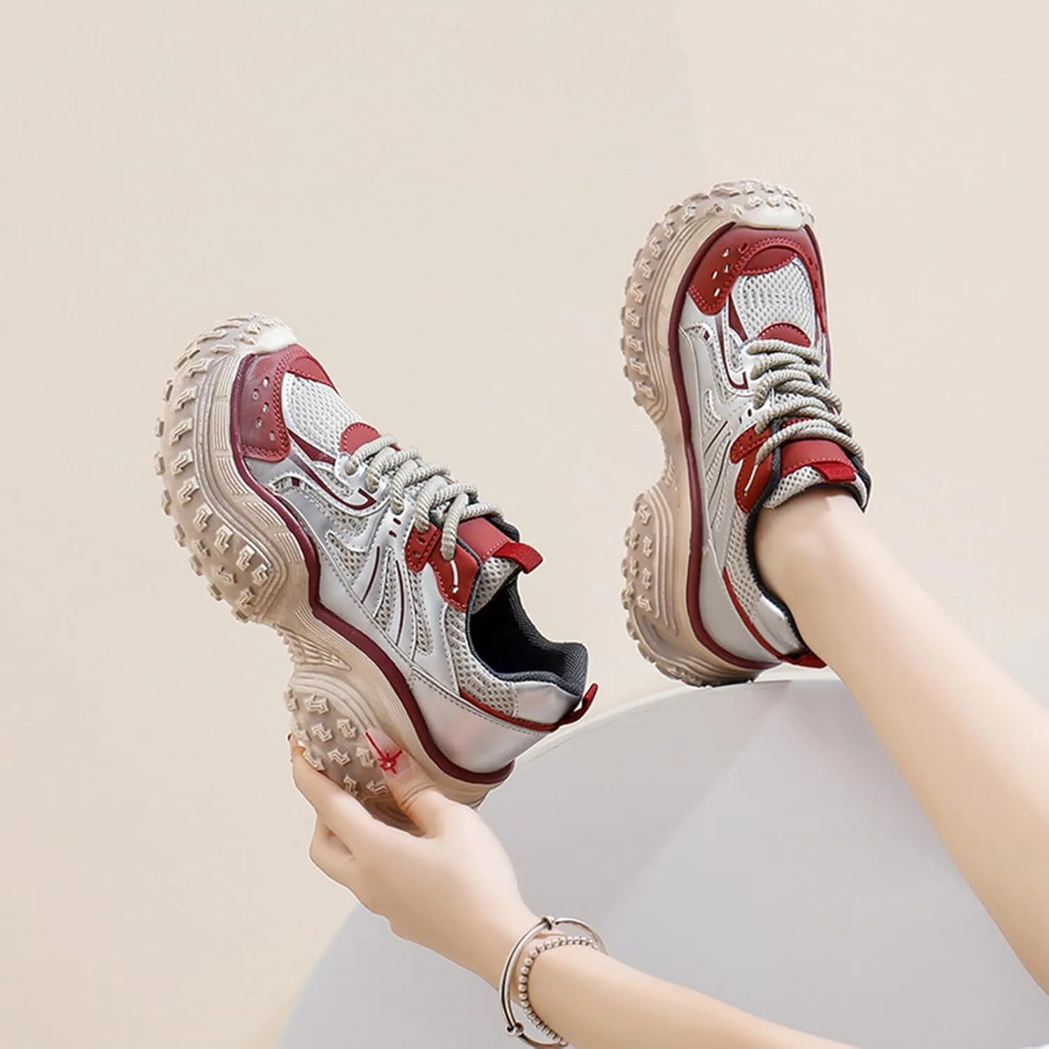 Women's Fashion Platform Trainers: Dad Sneakers with Height Increase, Lace-up, and Breathable Design. Autumn Casual Sneakers Gaining Popularity,Red-36