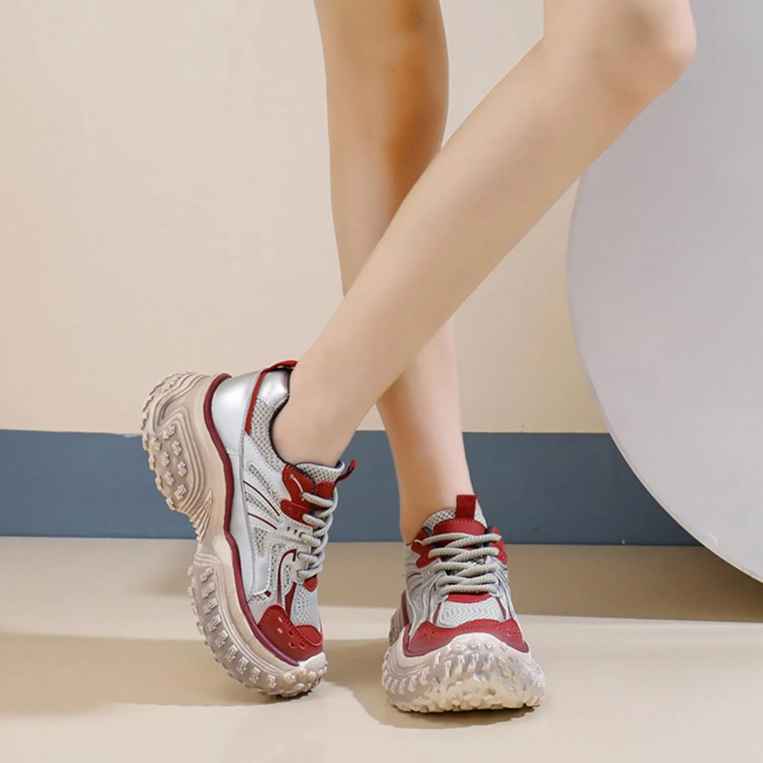 Women's Fashion Platform Trainers: Dad Sneakers with Height Increase, Lace-up, and Breathable Design. Autumn Casual Sneakers Gaining Popularity,Red-36