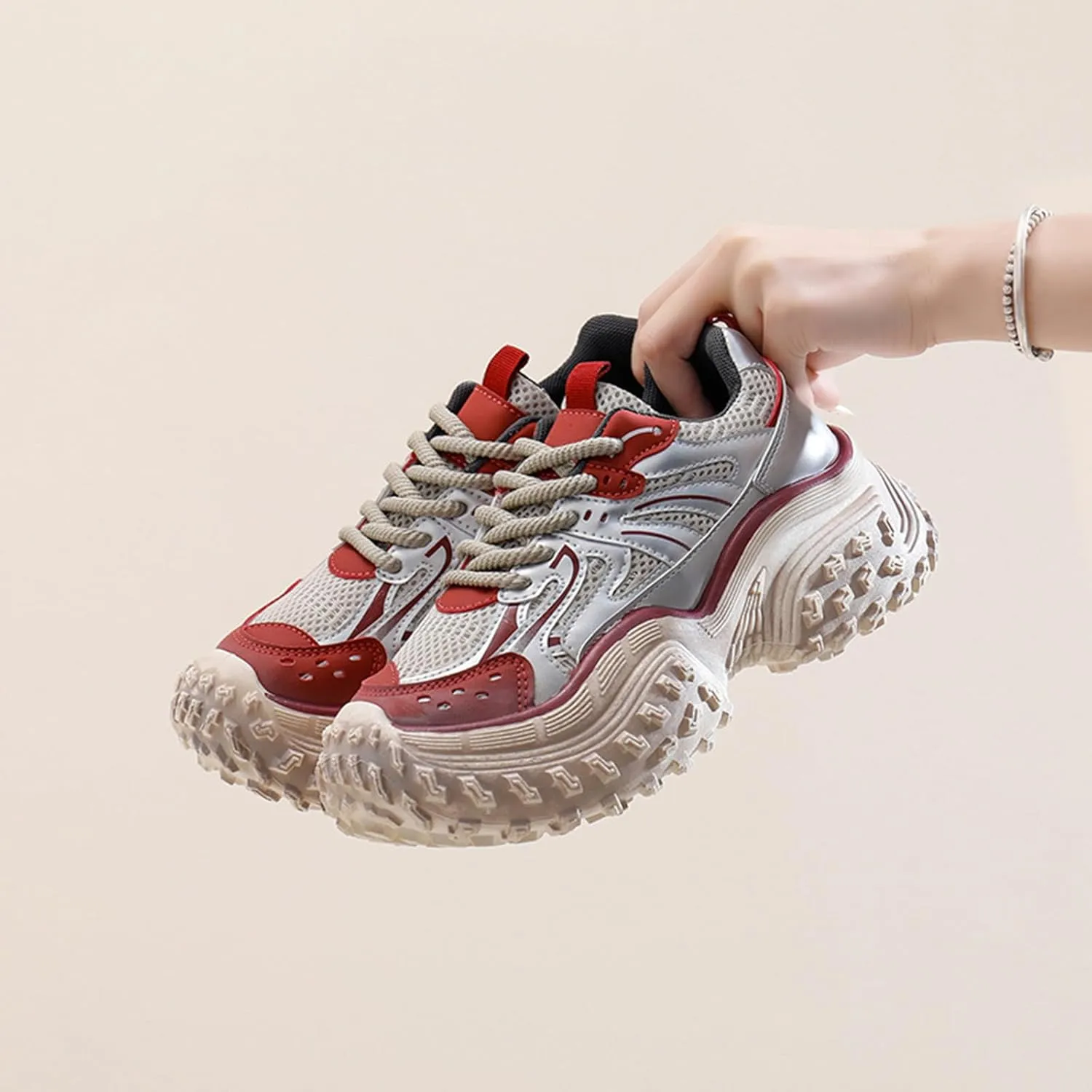 Women's Fashion Platform Trainers: Dad Sneakers with Height Increase, Lace-up, and Breathable Design. Autumn Casual Sneakers Gaining Popularity,Red-36