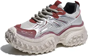 Women's Fashion Platform Trainers: Dad Sneakers with Height Increase, Lace-up, and Breathable Design. Autumn Casual Sneakers Gaining Popularity,Red-36