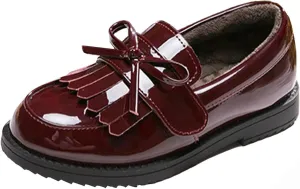 WUIWUIYU Girl's School Uniform Shoes Bow Cute Dress Oxfords Slip-on Hook-and-Loop Flats Shoes