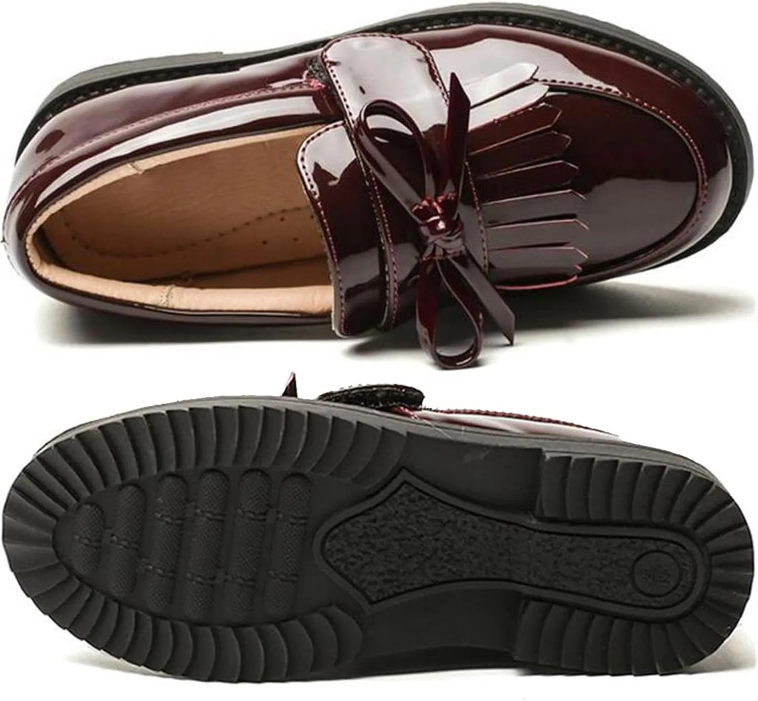 WUIWUIYU Girl's School Uniform Shoes Bow Cute Dress Oxfords Slip-on Hook-and-Loop Flats Shoes