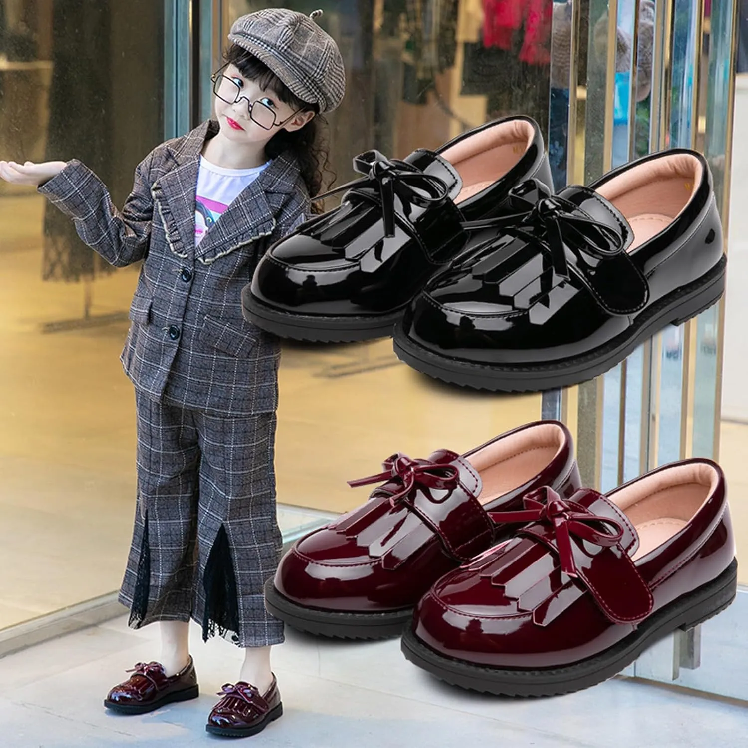 WUIWUIYU Girl's School Uniform Shoes Bow Cute Dress Oxfords Slip-on Hook-and-Loop Flats Shoes