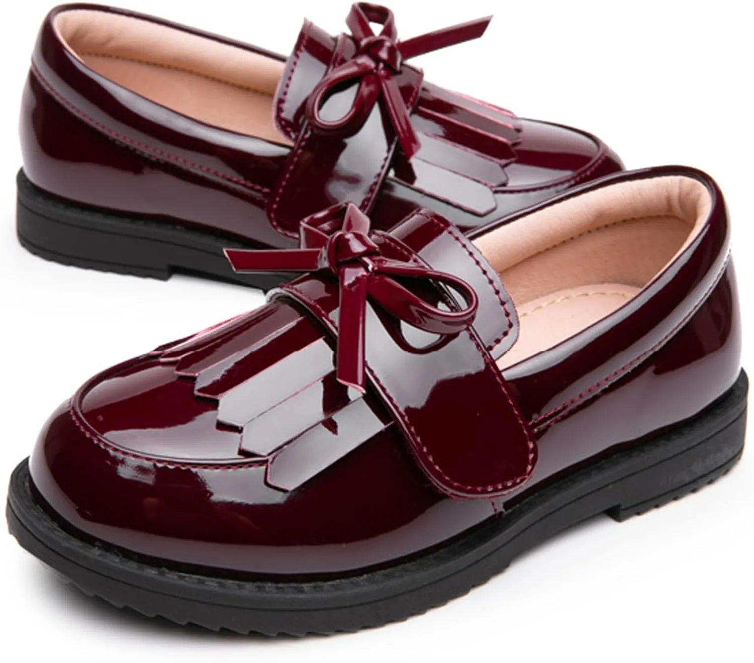 WUIWUIYU Girl's School Uniform Shoes Bow Cute Dress Oxfords Slip-on Hook-and-Loop Flats Shoes