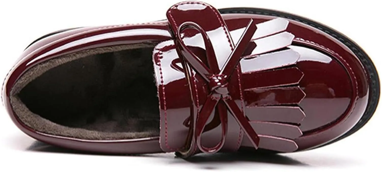 WUIWUIYU Girl's School Uniform Shoes Bow Cute Dress Oxfords Slip-on Hook-and-Loop Flats Shoes