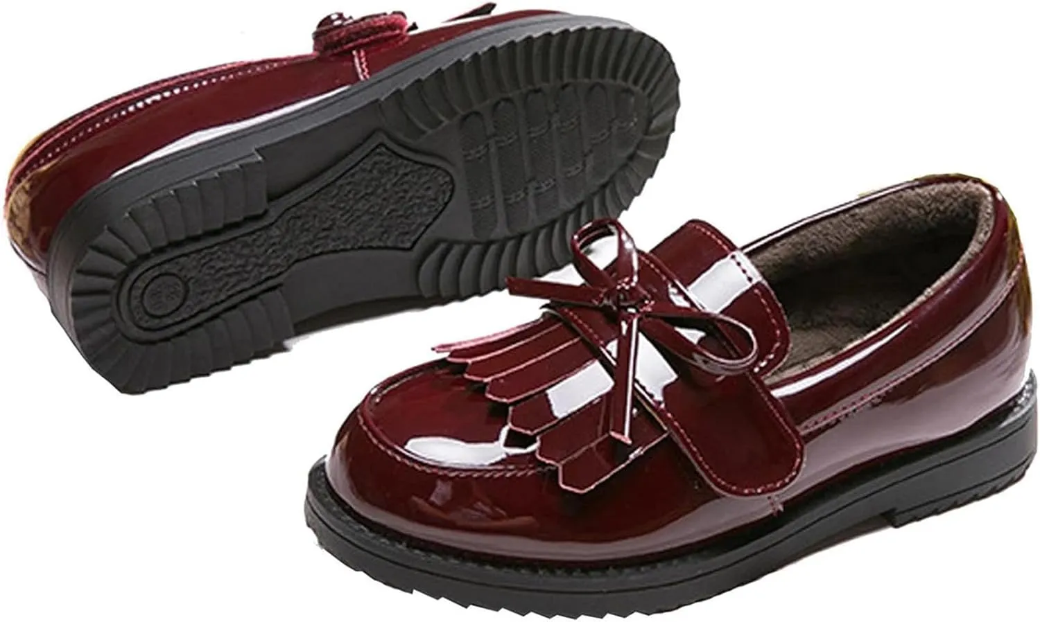 WUIWUIYU Girl's School Uniform Shoes Bow Cute Dress Oxfords Slip-on Hook-and-Loop Flats Shoes