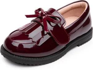 WUIWUIYU Girl's School Uniform Shoes Bow Cute Dress Oxfords Slip-on Hook-and-Loop Flats Shoes