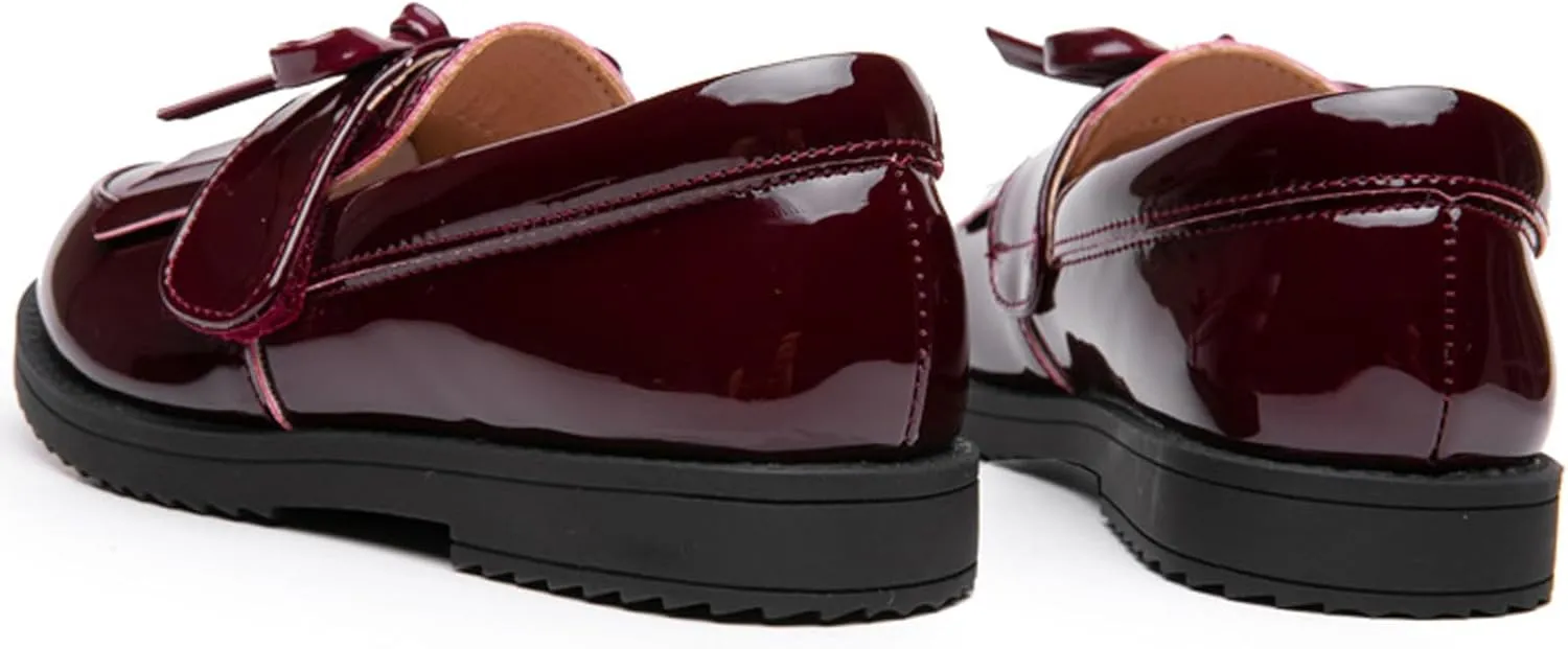 WUIWUIYU Girl's School Uniform Shoes Bow Cute Dress Oxfords Slip-on Hook-and-Loop Flats Shoes