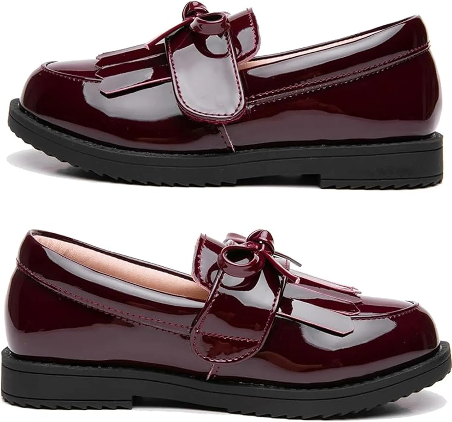 WUIWUIYU Girl's School Uniform Shoes Bow Cute Dress Oxfords Slip-on Hook-and-Loop Flats Shoes