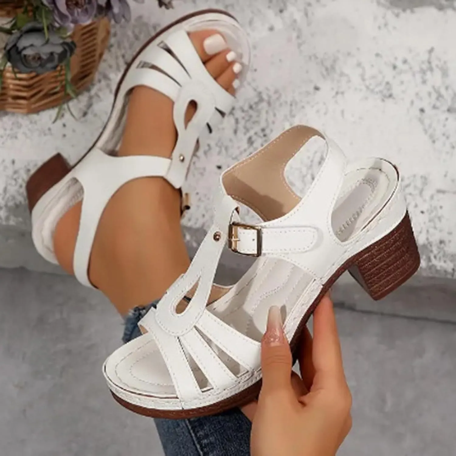 ZSpzx Women's Chunky Block Mid Heels Sandals Fish Mouth Ankle Straps Open Toe Hollow Out Comfortable Platform Sandal Summer Low Heel Adjustable Walking Shoes for Daily Wear