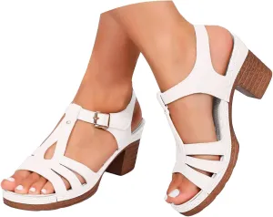 ZSpzx Women's Chunky Block Mid Heels Sandals Fish Mouth Ankle Straps Open Toe Hollow Out Comfortable Platform Sandal Summer Low Heel Adjustable Walking Shoes for Daily Wear